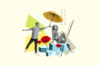 © deagreez - Creative banner poster dream collage of young crazy guy hold parasol above girlfriend celebrate 8 march safe melting spring weather