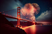 Fireworks Over The Famous Golden Gate Bridge. AI Generated