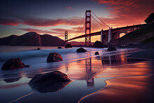 The Famous Golden Gate Bridge Against The Backdrop Of A Picturesque Sky At Sunset. AI Generated