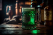 Frosty mug of green beer in a lively Irish pub, celebrate St. Patrick's Day, vibrant and authentic image, cool and refreshing beer with foamy head, inviting pub background.