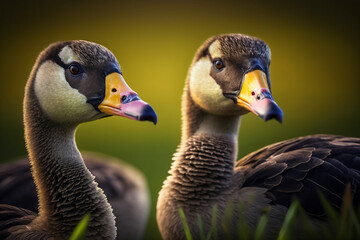 Two Geese or ducks on grass close-up. Isolated on green blurred background. Stunning birds and animals in nature travel or wildlife photography made with Generative AI