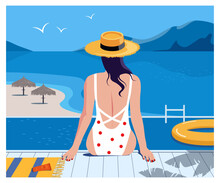Woman At Resort. Girl In White Swimsuit Sits In Pool And Looks At Sea Beach. Tourist At Vacation Resting In Tropical Country. Scenic View With Blue Ocean And Mountain. Cartoon Flat Vector Illustration