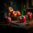 Apples lying on rustic on  table. AI generativ