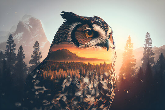 double exposure of an owl and the forest and mountains - generative ai