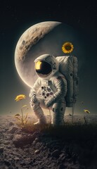 Wall Mural - Astronaut with sunflower on the moon, made with generated ai