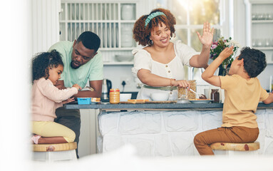 Love, morning breakfast food and black family children, mother and father eating meal, bonding and prepare ingredients. High five, home kitchen or hungry mom, dad and young youth kids happy for lunch