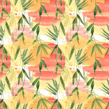 Eastern, Red Sun In Bamboo Leaves With Yellow Spots And Splashes Of Paint. Watercolor, Seamless Pattern. Sunny, Asian. For Fabric, Textiles, Cover Art, Decoration And Fashion Design, Wallpaper