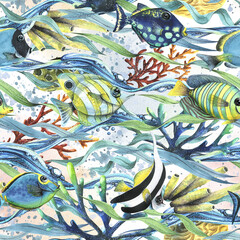 Wall Mural - Coral reefs with algae, waves of water, fish, sea sponges, bubbles. Watercolor illustration. Seamless pattern on a white background from the collection of TROPICAL FISH. For fabric wallpaper, textiles