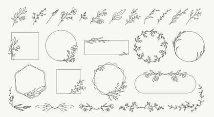 set of minimal botanical hand drawn design elements in line style. frames, borders, corners, wreaths