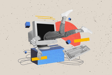 exclusive magazine picture sketch collage image of funky funny lady stuck inside old computer isolat
