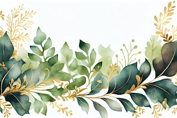 Wall Mural - Watercolor Seamless Border Illustration With Green Gold Leaves And Branches, For Wedding Stationary, Greetings, Wallpapers, Fashion, Backgrounds, Textures, DIY, Wrappers, Cards. Generative AI