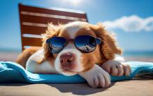Dog Puppy Lying On A Sunbed To Sunbath At The Beach Sea On Summer Vacation, Holidays. Funny Concept. Generative AI.