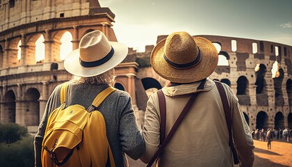 old retired senior couple traveller enjoy walking tour sight seeing walking in Rome to the Colosseum,Generative AI