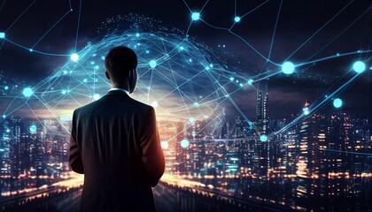 Wall Mural - Business man viewing a holograph of a global network with nodes and information highways
