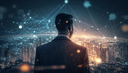 Business man viewing a holograph of a global network with nodes and information highways