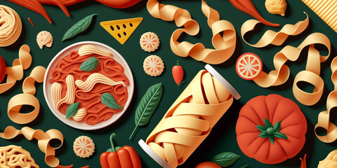 Pattern of pasta  with spaghetti, lasagna, and other Italian dish. Generative AI