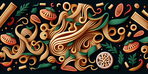 Pattern of pasta  with spaghetti, lasagna, and other Italian dish. Generative AI