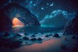 Beautiful fantasy night seascape, glowing marine life, starry sky. Generative AI