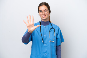 Poster - Young caucasian nurse woman isolated on white background counting five with fingers