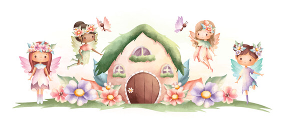 Watercolor illustration Flower fairy and little house