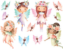 Watercolor Illustration Set Of Flower Fairy And Butterfly