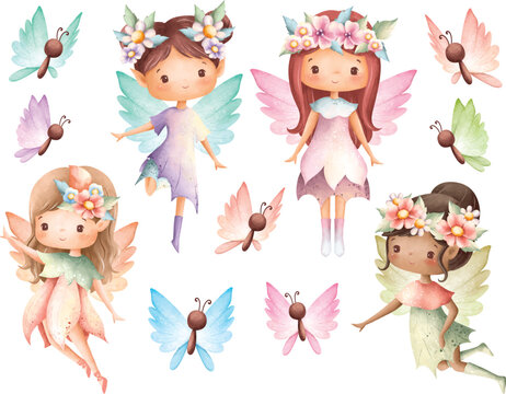 watercolor illustration set of flower fairy and butterfly