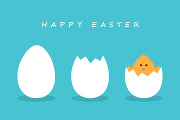 happy easter minimal design with egg and little chick on blue background