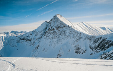 alpine panorama in winter. ski tour in a beautiful winter landscape