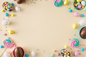 Wall Mural - Easter sweets concept. Top view photo of chocolate easter eggs dragees sprinkles and meringue lollipops on isolated beige background with empty space in the middle