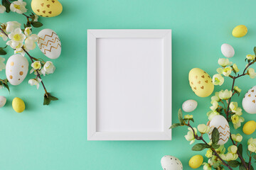 Wall Mural - Easter concept. Top view photo of white photo frame colorful easter eggs cherry blossom branches on turquoise background with blank space