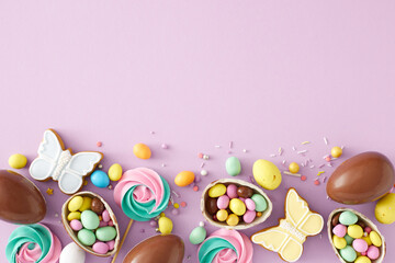 Wall Mural - Easter decor concept. Top view photo of chocolate eggs with dragees meringue lollipops butterfly gingerbread and sprinkles on isolated lilac background with empty space. Sweets holiday idea
