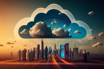 Wall Mural - cloud computing concept. smart city wireless internet communication. generative ai