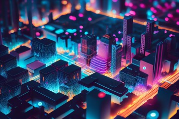 Wall Mural - high tech data network color grids over miniature cityscape with cinematic coloring created with tec