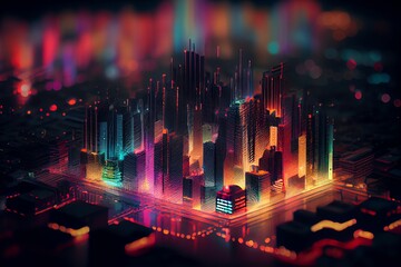 Wall Mural - high tech data network color grids over miniature cityscape with cinematic coloring created with tec