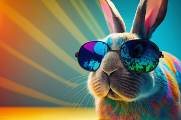 Wall Mural - Cool bunny with sunglasses on colorful background. Generative AI