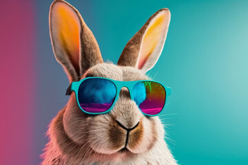 Poster - Cool bunny with sunglasses on colorful background. Generative AI