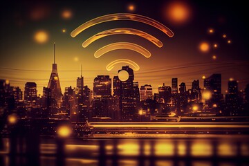 Wall Mural - internet conection and technology concept. wifi icon over city skyline bokeh abstact background. gen