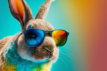 Wall Mural - Cool bunny with sunglasses on colorful background. Generative AI