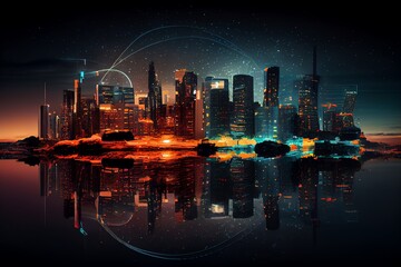 Wall Mural - smart city at night, application development concept, smart city, internet of things, smart life, in