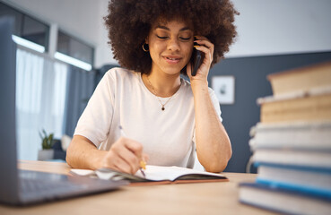 Wall Mural - Phone call, writing and notebook with black woman in home office for planning, schedule and agenda. Networking, communication and management with girl and laptop for technology, help or contact