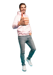 Poster - Full size photo of cheerful man smiling and showing thumbs up at camera isolated over transparent background