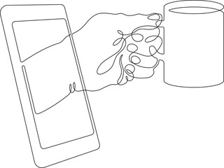 One continuous line. A hand holds a cup of coffee. Hand with coffee mug from smartphone screen. Cell phone. Mobile application for online food delivery.One continuous line drawn isolated, white backgr