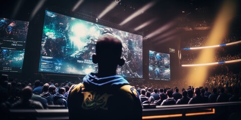 Wall Mural - Man in E-sports arena watching esports. Huge E-sports arena, filled with cheering fans and colorful LED lights. A man from the back looks at the screen where esports is broadcast. Generative AI