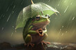 a small frog under an umbrella,illustration of a green frog on a branch under umbrella,Generative AI