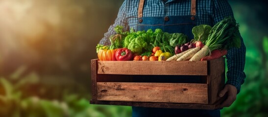 Farmer holding a wooden box full of fresh raw vegetables. Basket with vegetables (cabbage, carrots, cucumbers, radish, corn, garlic, and peppers) in the hands. Generative AI.