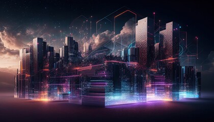 smart city at night, application development concept, smart city, Internet of things, smart life, information technology, metaverse connection technology. Generative AI	
