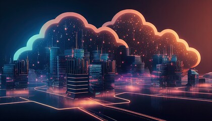 smart city at night, application development concept, smart city, Internet of things, smart life, information technology, metaverse connection technology. Generative AI	
