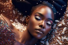 Beautiful Black Woman With Glitter Makeup Lies On A Lot Of Colorful Rhinestones And Sequins. Photorealistic Illustration Generated By AI.