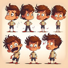 Wall Mural - full body boy, cartoon, different emotions and faces