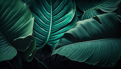 Close-up foliage of tropical leaf in dark green texture